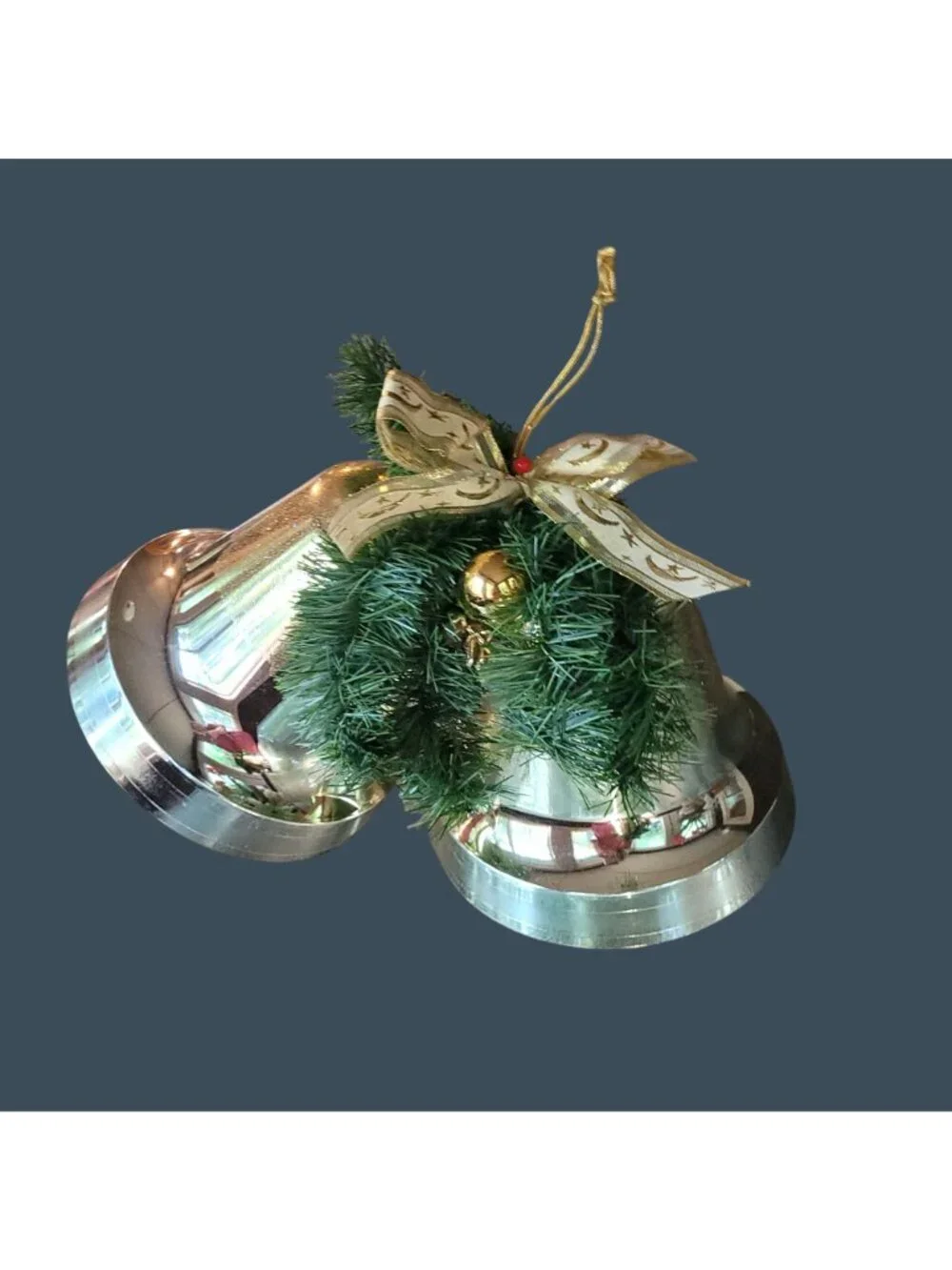 Large Double Gold Christmas Bell Ornament Hanging Plastic Greenery Gold Ribbon
